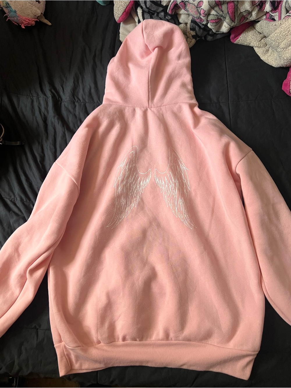 Women's Pink Teddy Hoodie with White Angel Wing Embroidery